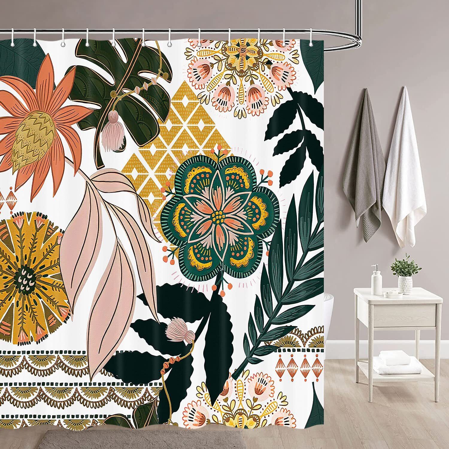 Mid Century Abstract Tropical Leaves Leaf Shower Curtain With Flower Prints