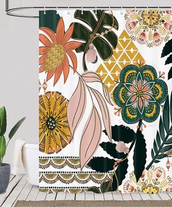 Mid Century Abstract Tropical Leaves Leaf Shower Curtain With Flower Prints