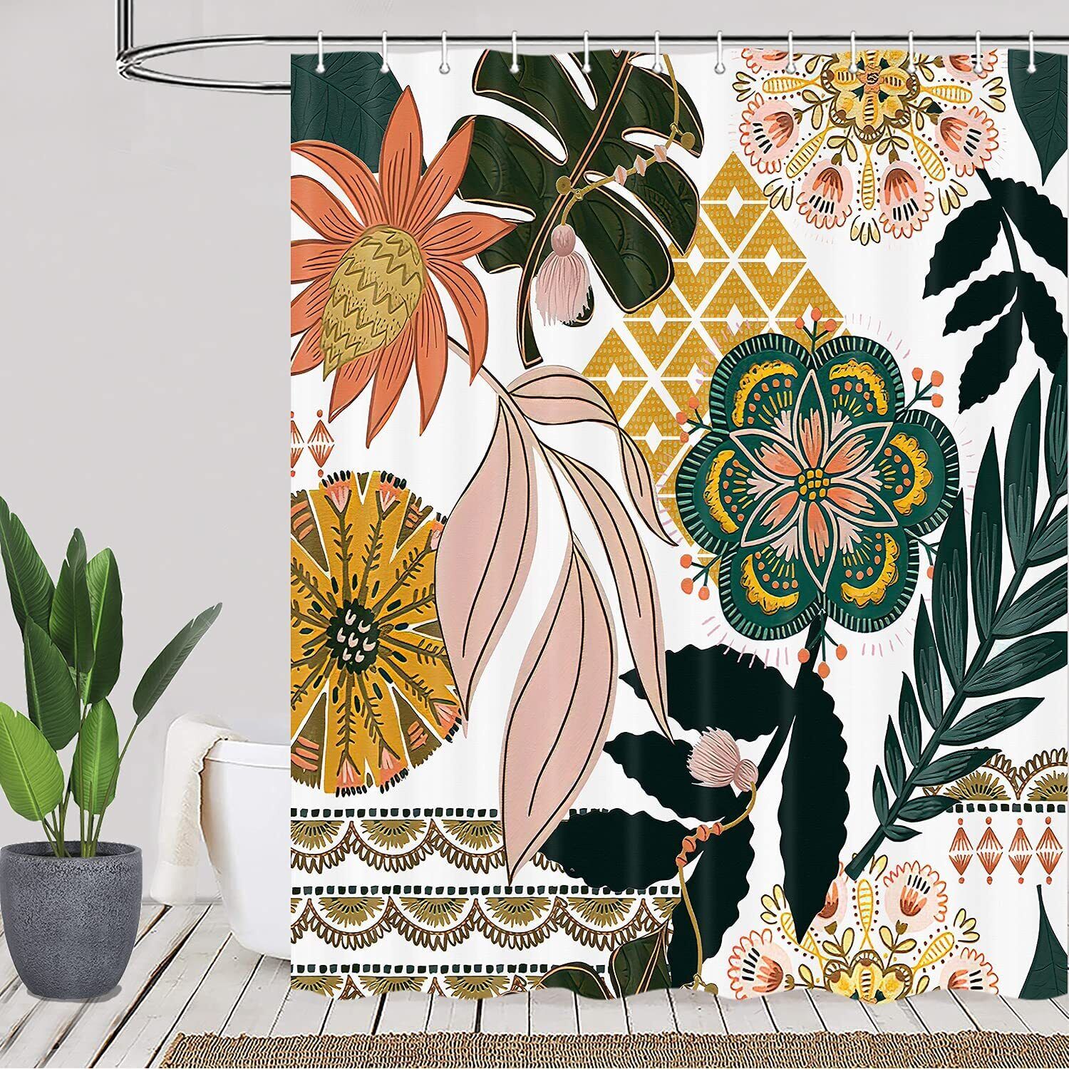 Mid Century Abstract Tropical Leaves Leaf Shower Curtain With Flower Prints