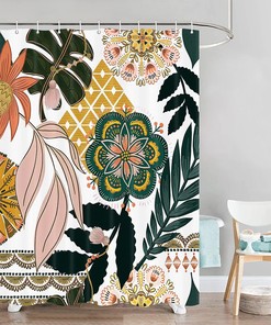 Mid Century Abstract Tropical Leaves Leaf Shower Curtain With Flower Prints