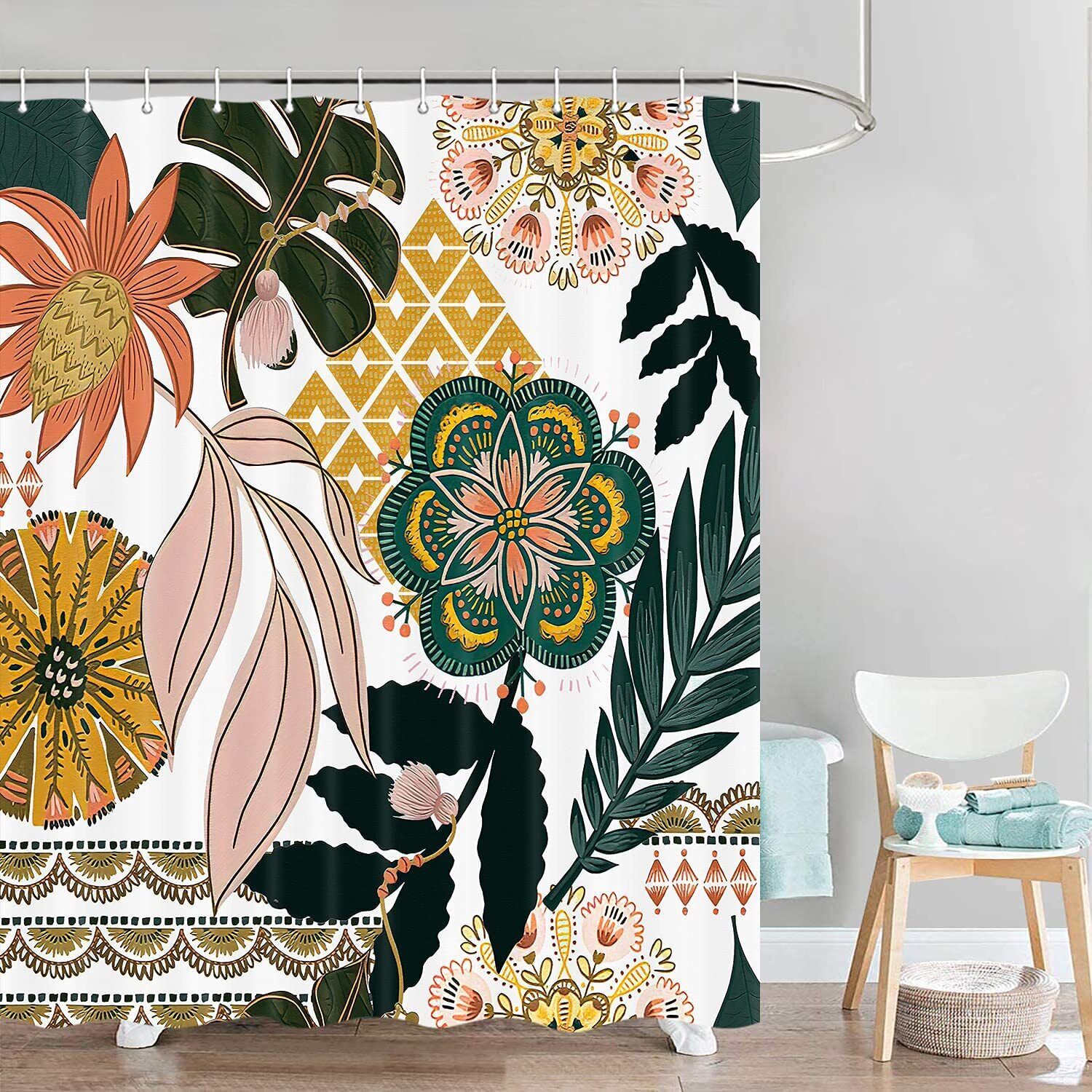 Mid Century Abstract Tropical Leaves Leaf Shower Curtain With Flower Prints