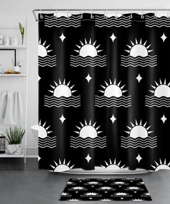 Mid Century Black And White Abstract Sun And Stars Shower Curtain