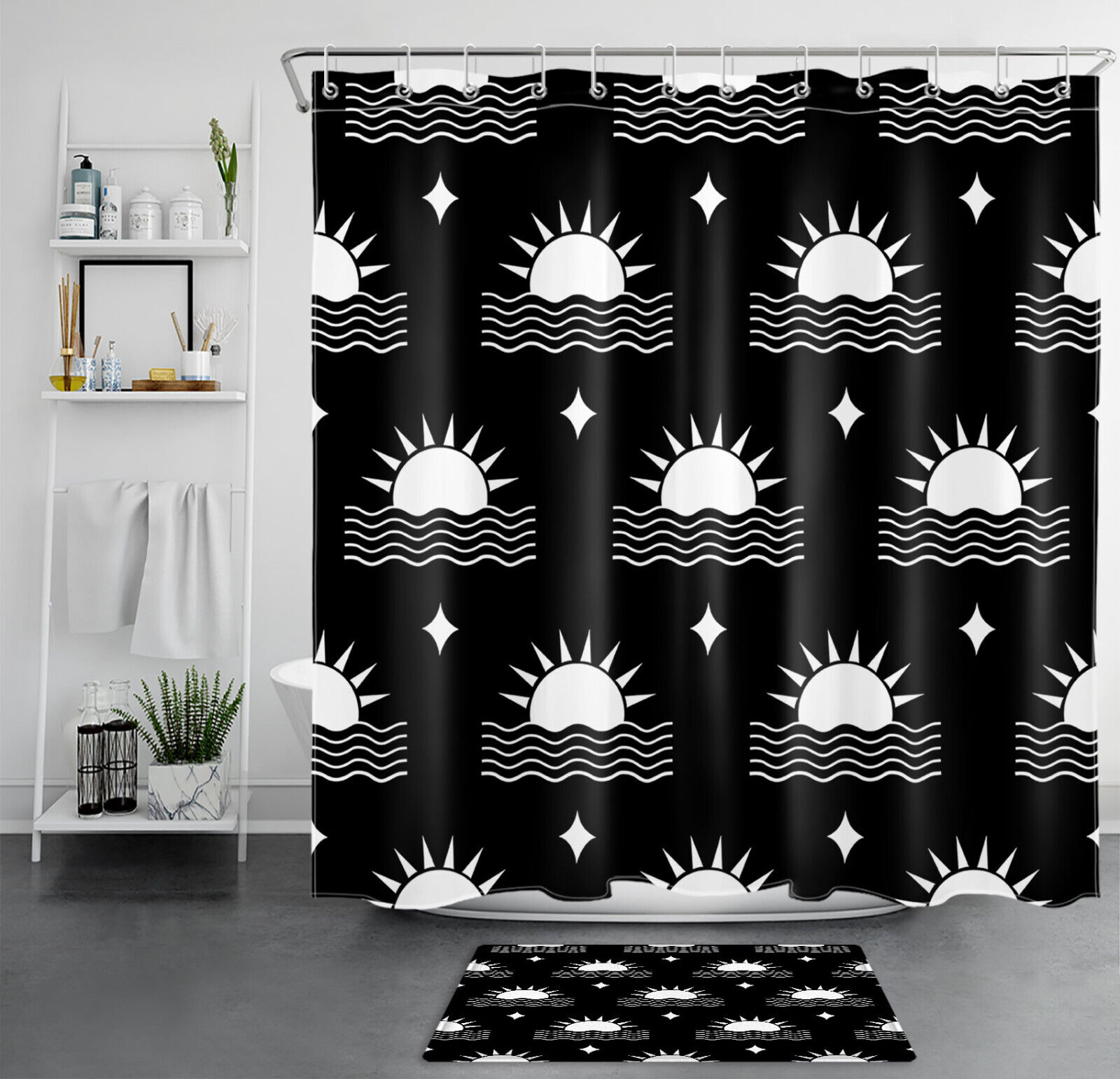 Mid Century Black And White Abstract Sun And Stars Shower Curtain