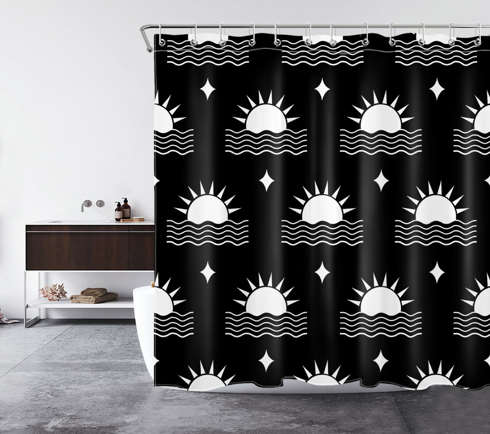Mid Century Black And White Abstract Sun And Stars Shower Curtain - Image 2