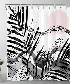 Mid Century Black and White Palm Leaf Mountain and Sun Shower Curtain