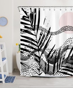 Mid Century Black and White Palm Leaf Mountain and Sun Shower Curtain