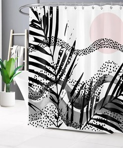 Mid Century Black and White Palm Leaf Mountain and Sun Shower Curtain
