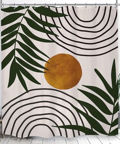 Mid Century Boho Abstract Arch Brown Sun Shower Curtain with Green Leaves Prints