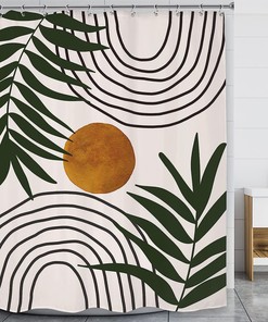 Mid Century Boho Abstract Arch Brown Sun Shower Curtain with Green Leaves Prints