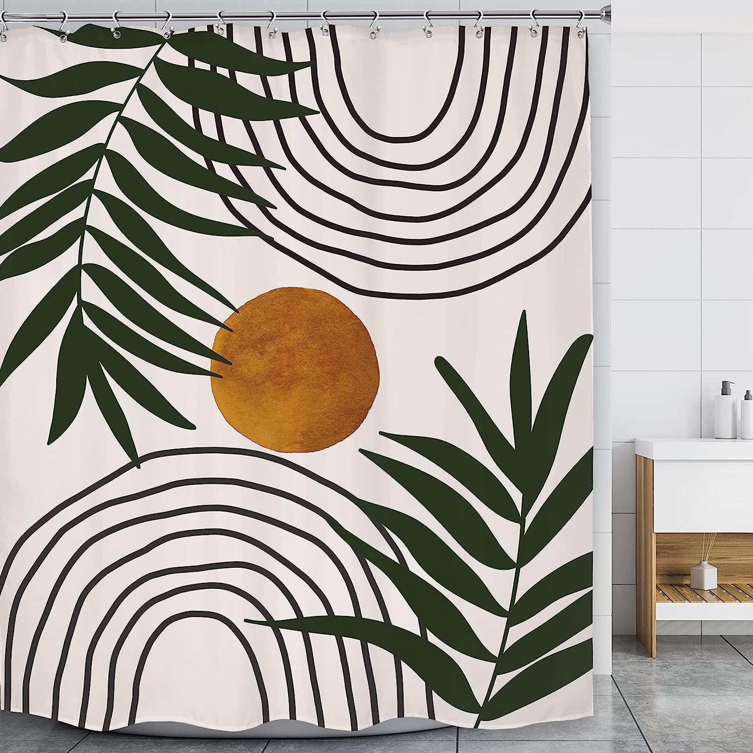 Mid Century Boho Abstract Arch Brown Sun Shower Curtain with Green Leaves Prints