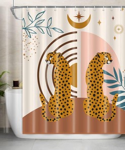 Mid Century Boho Leopard Shower Curtain - Modern Abstract Aesthetic Art With Cute Animals And Palm Tree Leaves