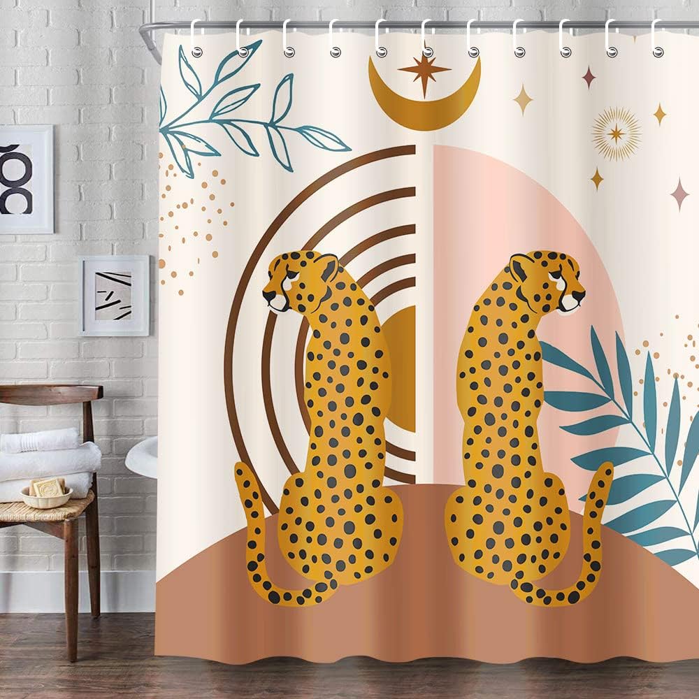 Mid Century Boho Leopard Shower Curtain - Modern Abstract Aesthetic Art With Cute Animals And Palm Tree Leaves - Image 2
