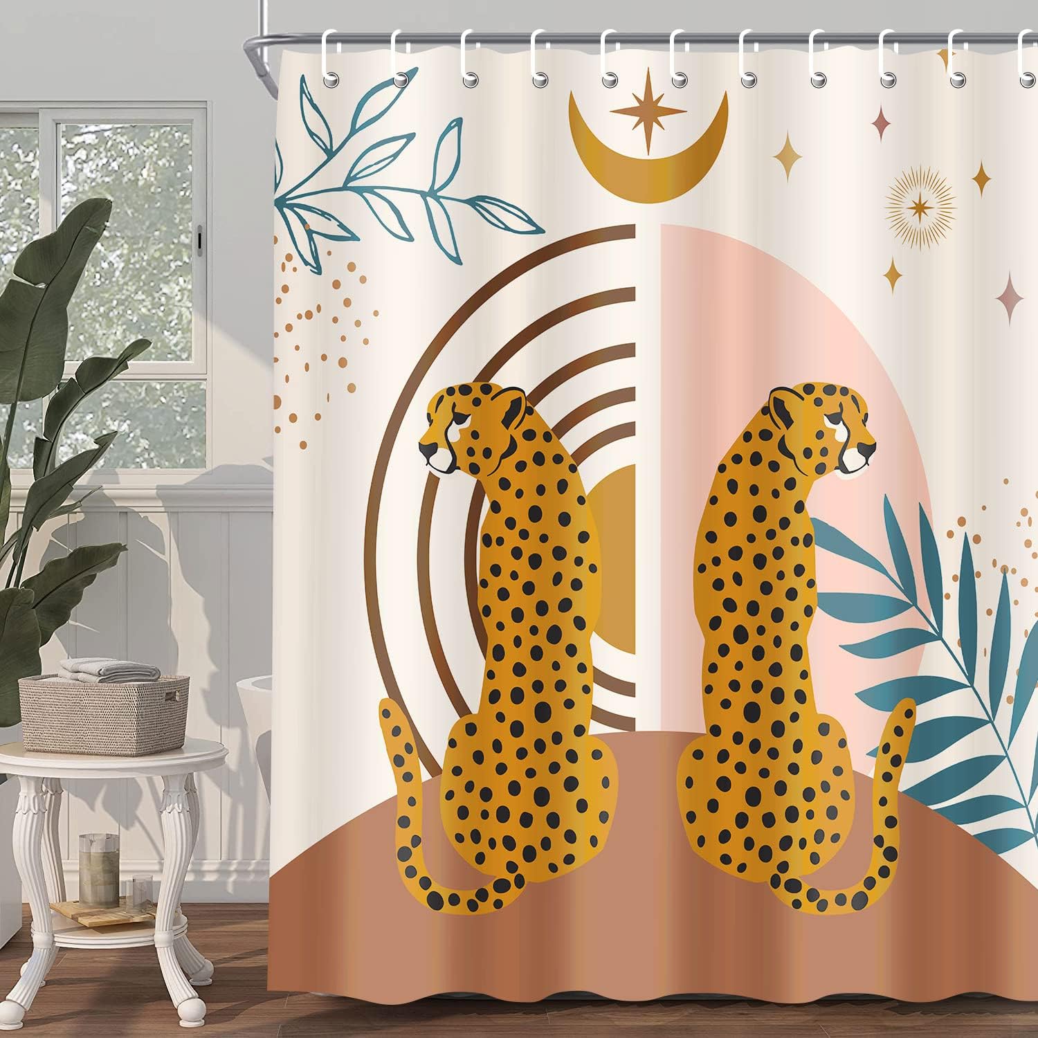 Mid Century Boho Leopard Shower Curtain - Modern Abstract Aesthetic Art With Cute Animals And Palm Tree Leaves - Image 3