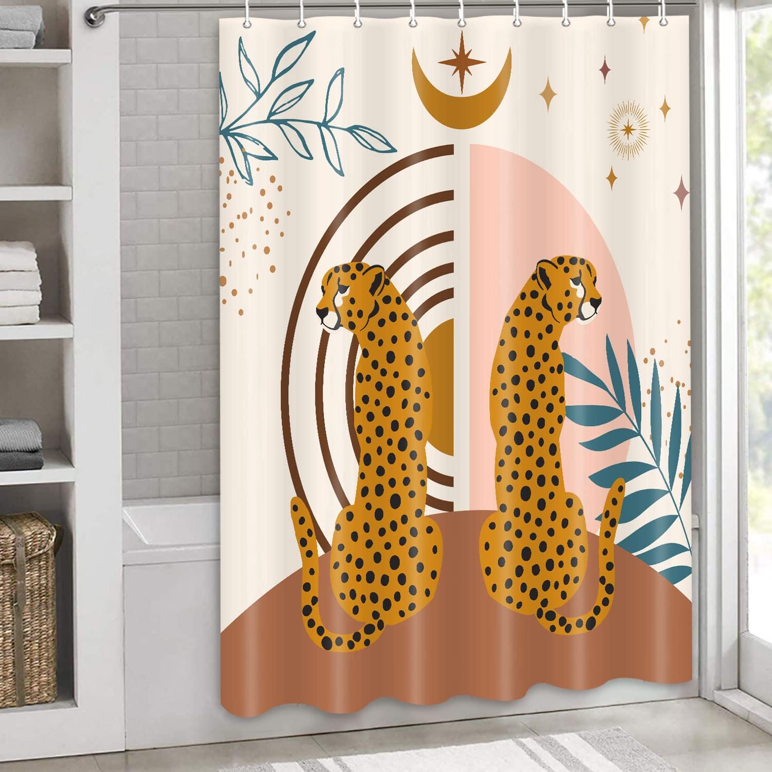 Mid Century Boho Leopard Shower Curtain - Modern Abstract Aesthetic Art With Cute Animals And Palm Tree Leaves - Image 4