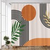 Mid Century Boho Shower Curtain with Abstract Geometric Sun Design and Terracotta Accents