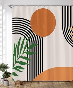 Mid Century Boho Shower Curtain with Abstract Geometric Sun Design and Terracotta Accents