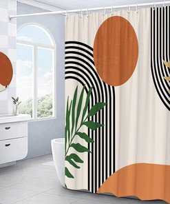 Mid Century Boho Shower Curtain with Abstract Geometric Sun Design and Terracotta Accents