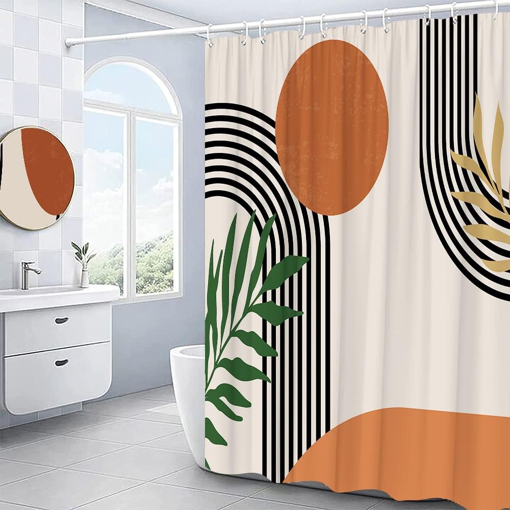 Mid Century Boho Shower Curtain with Abstract Geometric Sun Design and Terracotta Accents