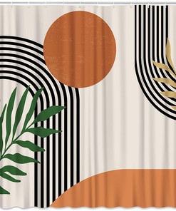 Mid Century Boho Shower Curtain with Abstract Geometric Sun Design and Terracotta Accents