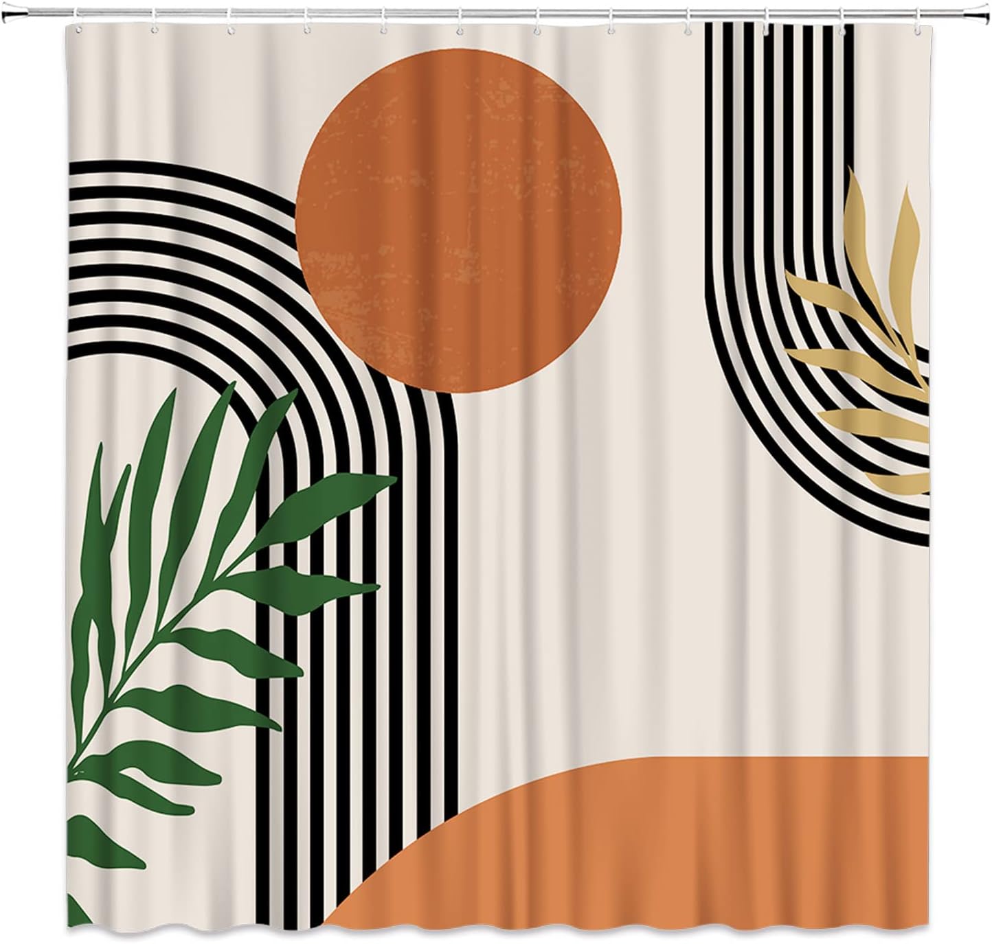 Mid Century Boho Shower Curtain with Abstract Geometric Sun Design and Terracotta Accents