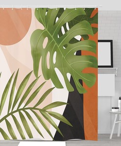 Mid Century Boho Shower Curtain with Tropical Leaf Palm Plant Patterns for Natural Bathroom Decor