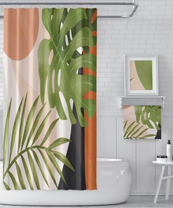 Mid Century Boho Shower Curtain with Tropical Leaf Palm Plant Patterns for Natural Bathroom Decor