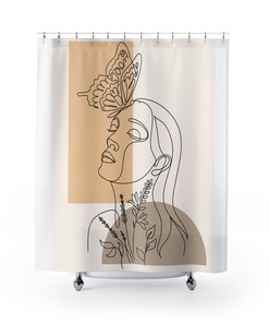 Mid Century Geometric Line Art Print Shower Curtain For Modern Bathroom Decor