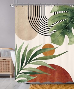Mid Century Inspired Green Tropical Plant Palm Leaf Shower Curtain