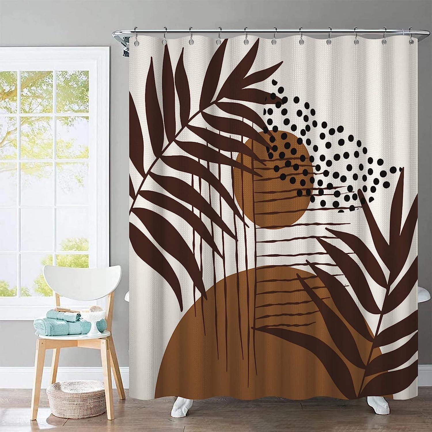 Mid Century Modern Abstract Boho Brown Waffle Shower Curtain For Bathroom - Image 2