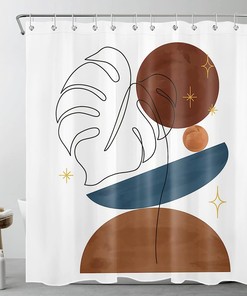 Mid Century Modern Blue and Brown Color Block Geometric Palm Leaf Shower Curtain