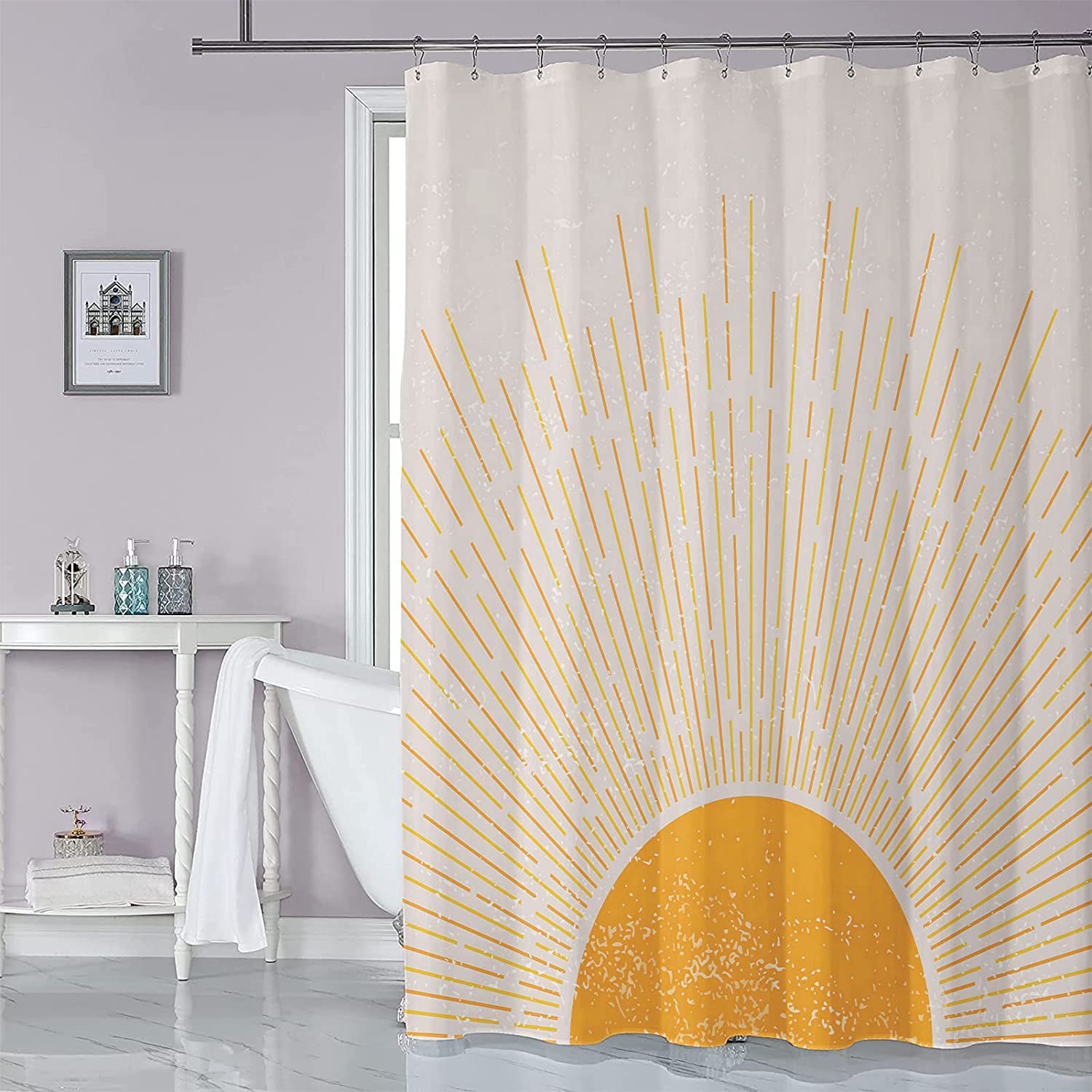 Mid Century Modern Boho Sun Shower Curtain, Vintage Sunrise Sunset Print, Abstract Minimalist Waterproof Fabric - Image 2