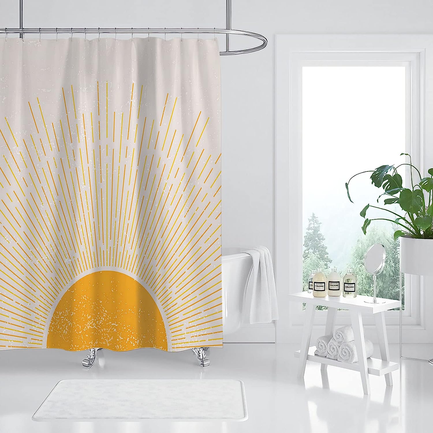 Mid Century Modern Boho Sun Shower Curtain, Vintage Sunrise Sunset Print, Abstract Minimalist Waterproof Fabric - Image 3