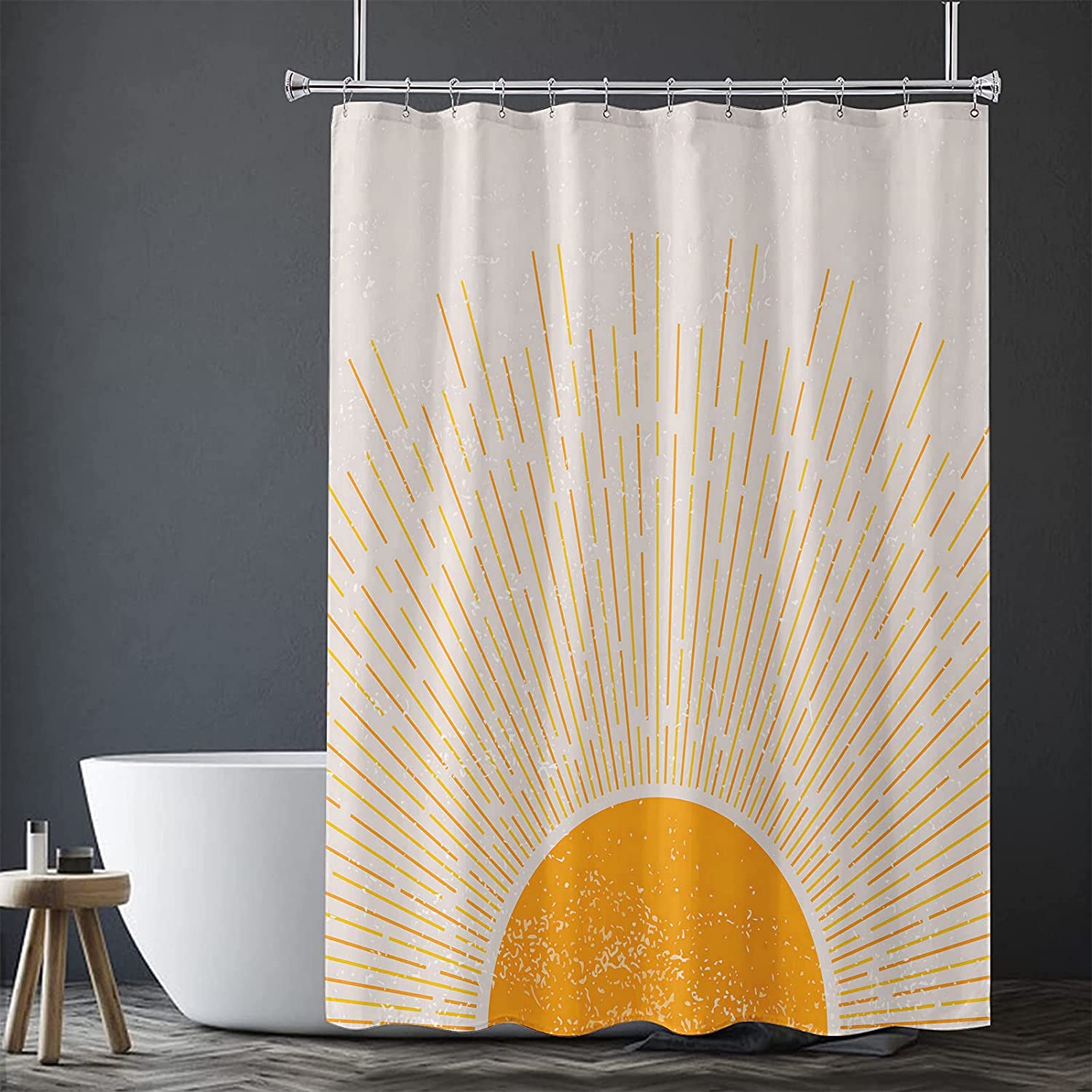 Mid Century Modern Boho Sun Shower Curtain, Vintage Sunrise Sunset Print, Abstract Minimalist Waterproof Fabric - Image 4
