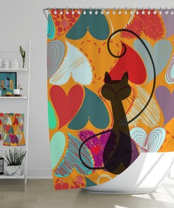 Mid Century Modern Retro Hearts Atomic Cat Shower Curtain In Red, Blue, And Orange,