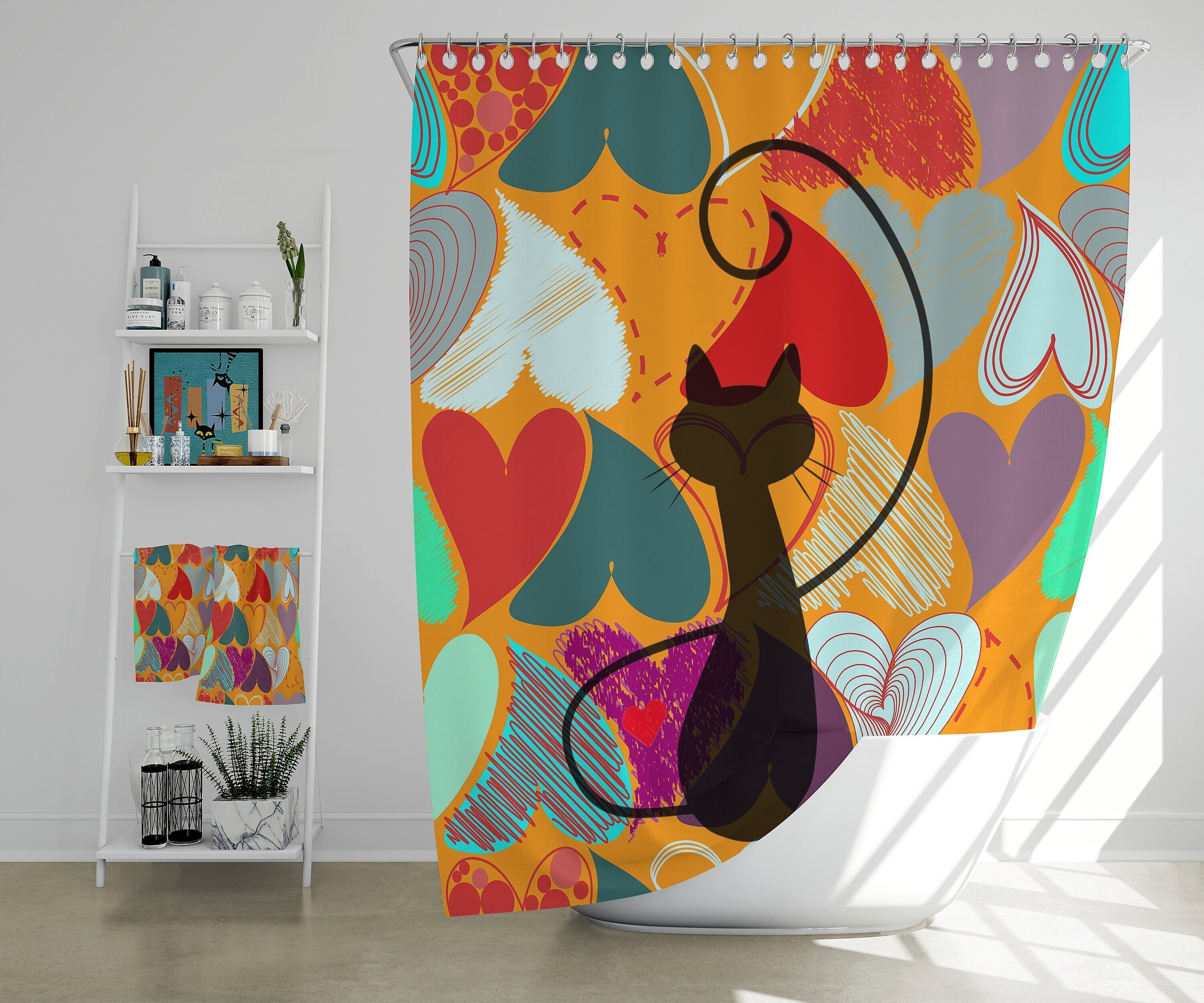 Mid Century Modern Retro Hearts Atomic Cat Shower Curtain In Red, Blue, And Orange,