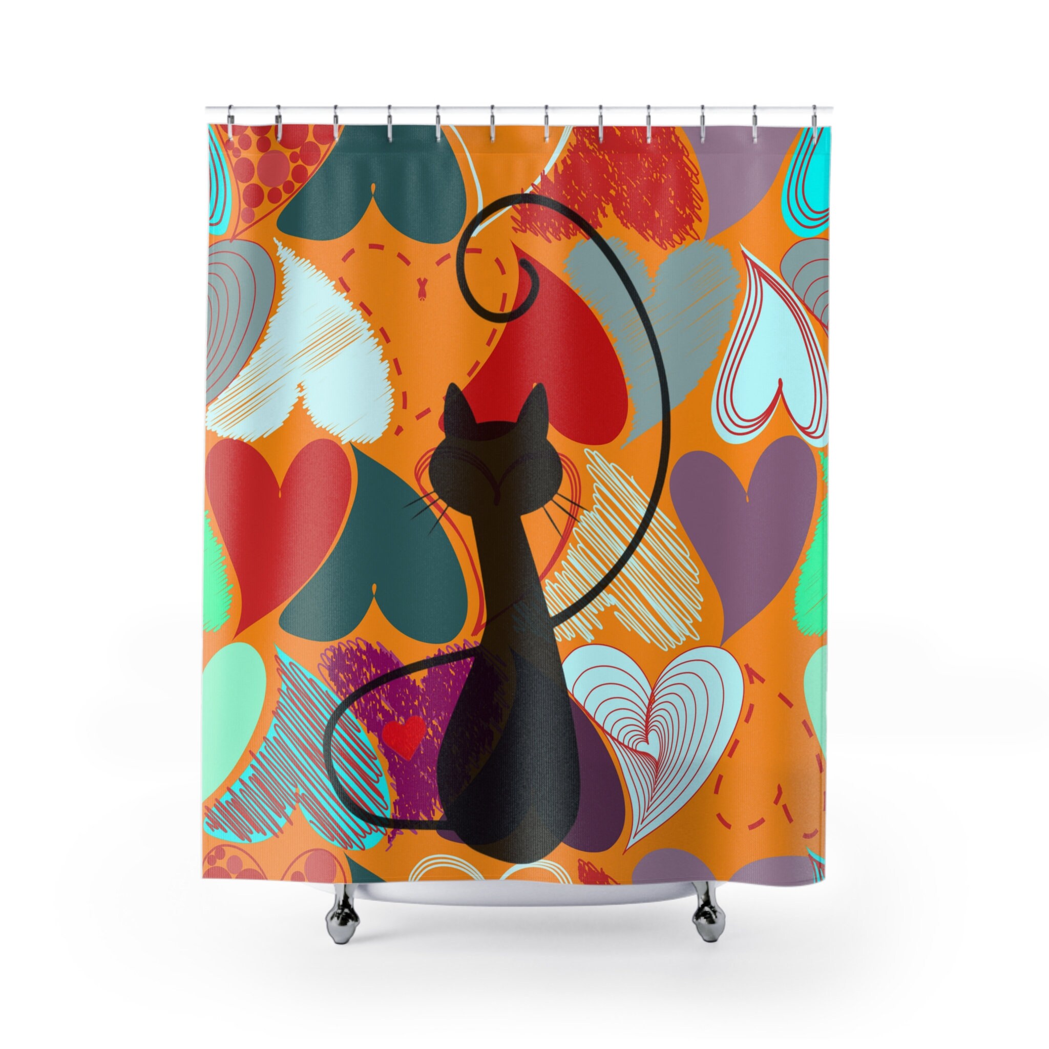Mid Century Modern Retro Hearts Atomic Cat Shower Curtain In Red, Blue, And Orange, - Image 2