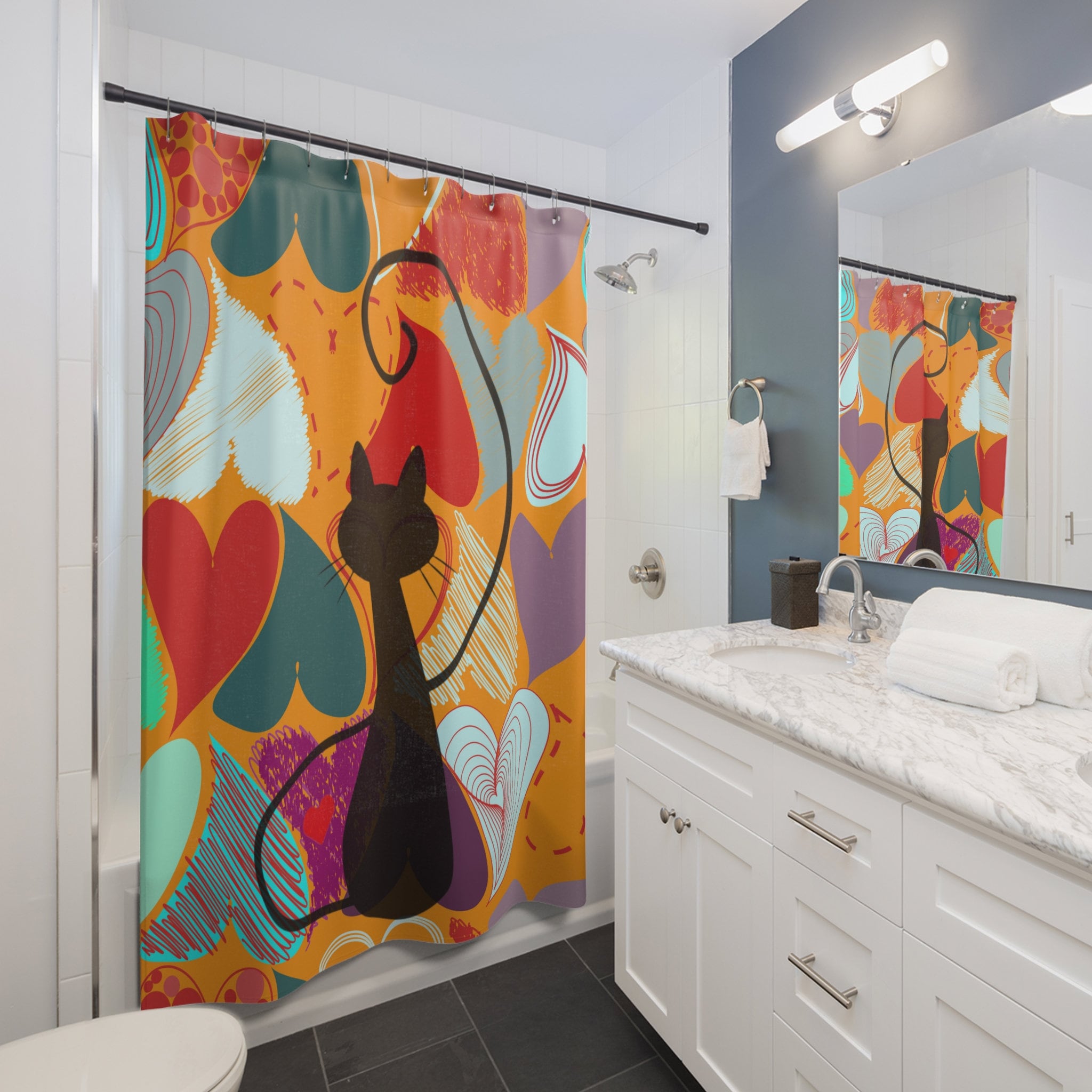 Mid Century Modern Retro Hearts Atomic Cat Shower Curtain In Red, Blue, And Orange, - Image 3
