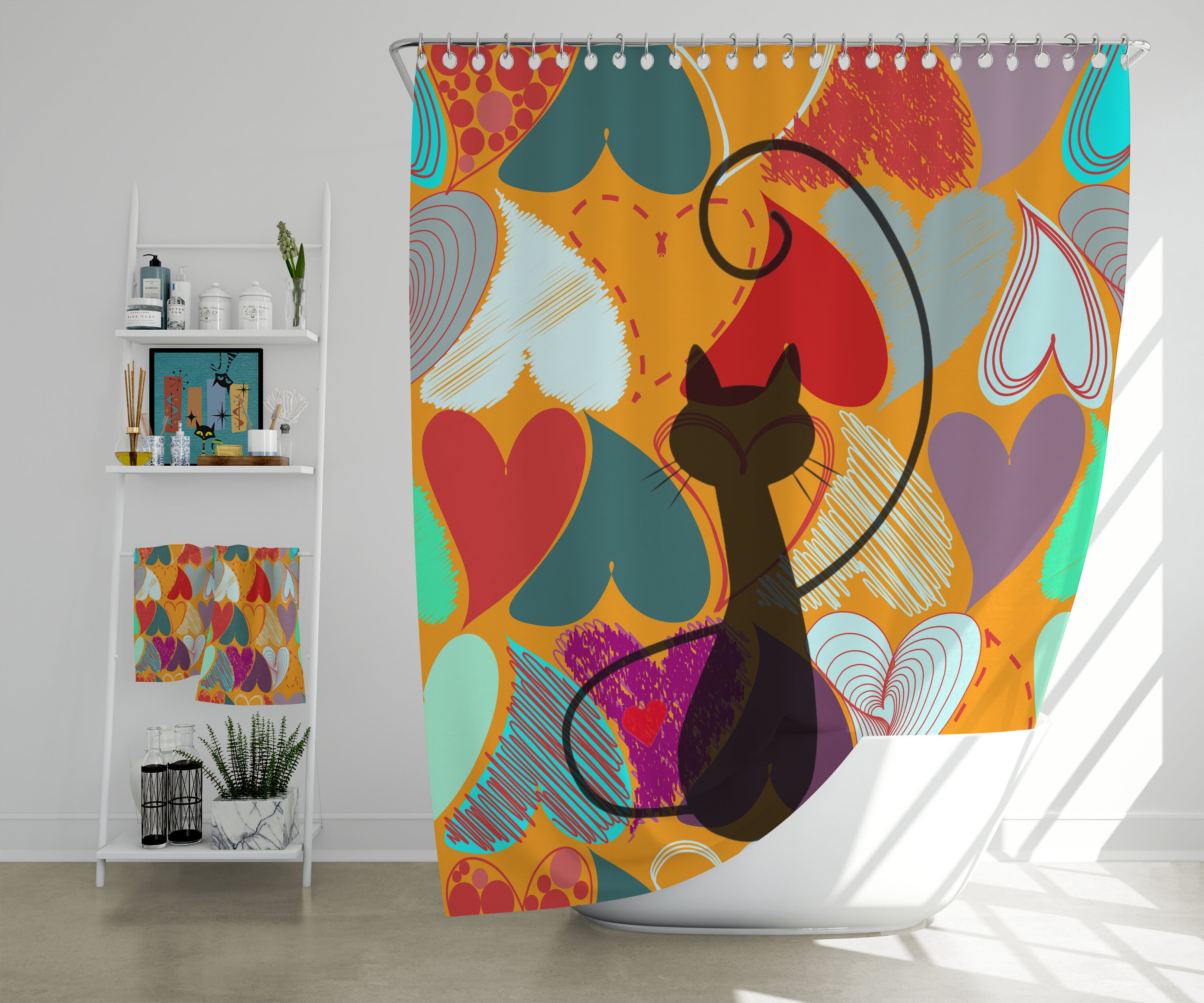 Mid Century Modern Retro Hearts Atomic Cat Shower Curtain In Red, Blue, And Orange, - Image 4