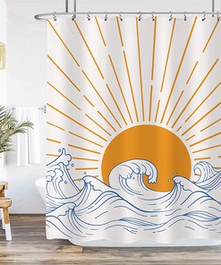 Mid Century Modern Simple Waves Art Printed Waterproof Fabric Shower Curtain