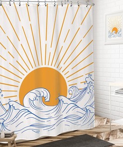 Mid Century Modern Simple Waves Art Printed Waterproof Fabric Shower Curtain