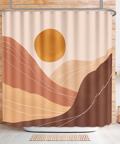 Mid Century Modern Sunset Shower Curtain with Mountain Art and Terracotta Accents for Stylish Bathroom Decor