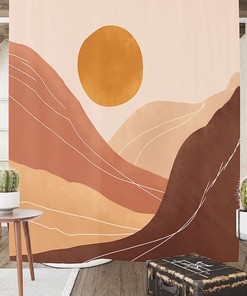 Mid Century Modern Sunset Shower Curtain with Mountain Art and Terracotta Accents for Stylish Bathroom Decor