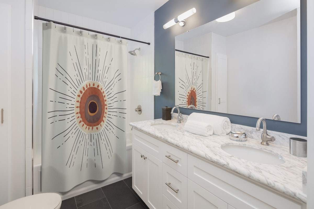 Mid Century Modern Terracotta Art Sun & Moon Shower Curtain for a Neutral Bathroom