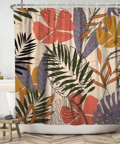 Mid Century Modern and Boho Tropical Palm Leaf Abstract Plants Shower Curtain Set for Bathroom Decor