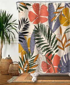 Mid Century Modern and Boho Tropical Palm Leaf Abstract Plants Shower Curtain Set for Bathroom Decor