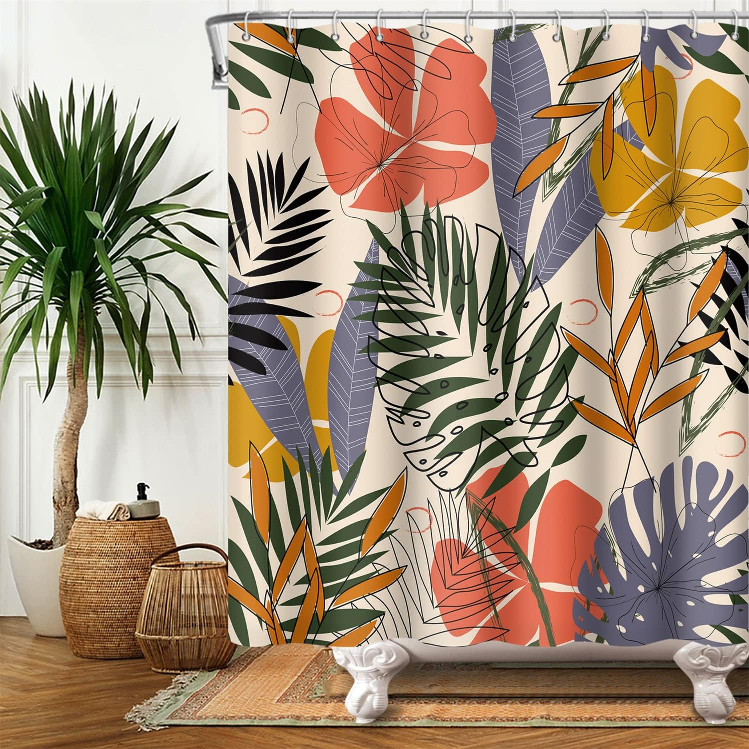 Mid Century Modern and Boho Tropical Palm Leaf Abstract Plants Shower Curtain Set for Bathroom Decor
