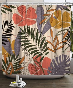 Mid Century Modern and Boho Tropical Palm Leaf Abstract Plants Shower Curtain Set for Bathroom Decor