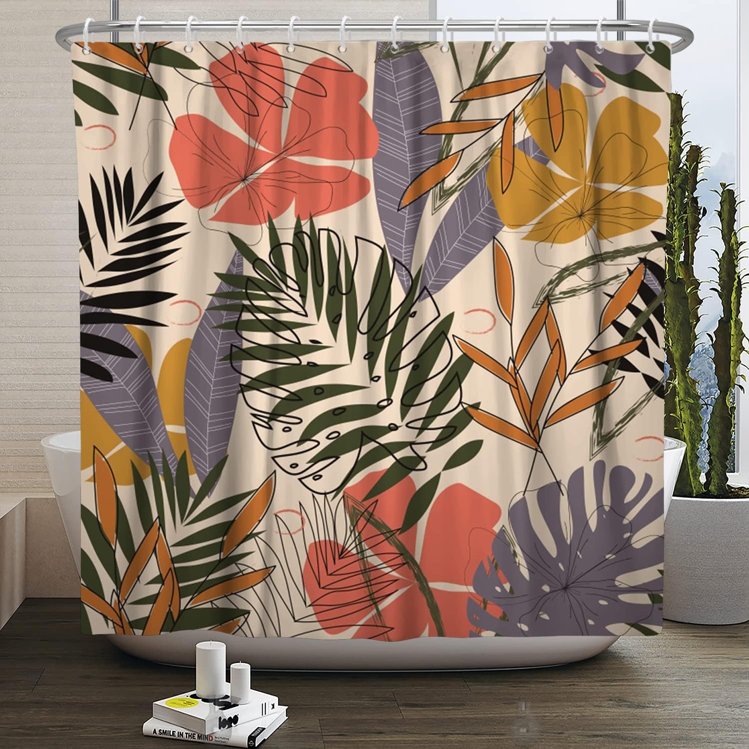 Mid Century Modern and Boho Tropical Palm Leaf Abstract Plants Shower Curtain Set for Bathroom Decor