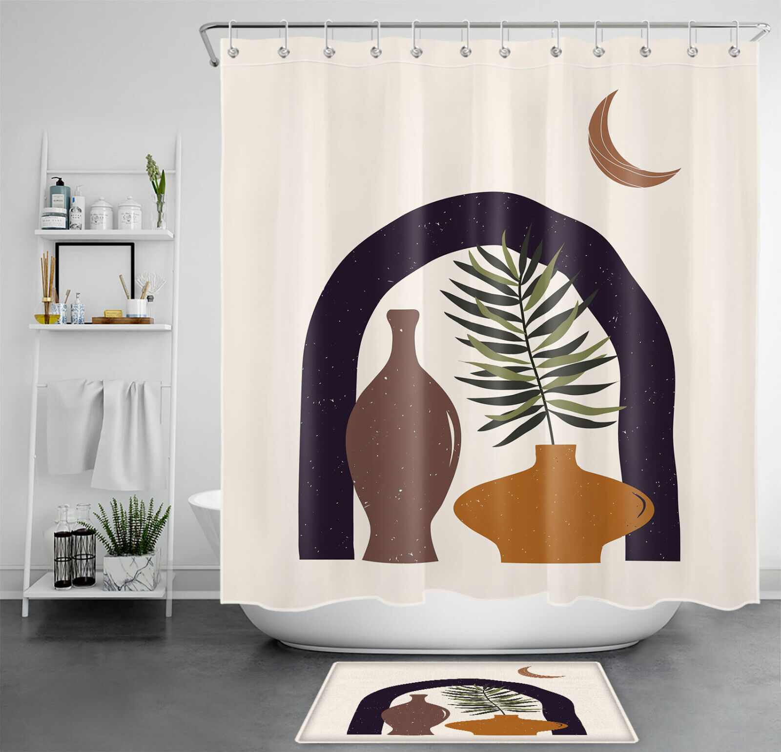 Mid Century Moon Vase Forest Shower Curtain for Bathroom