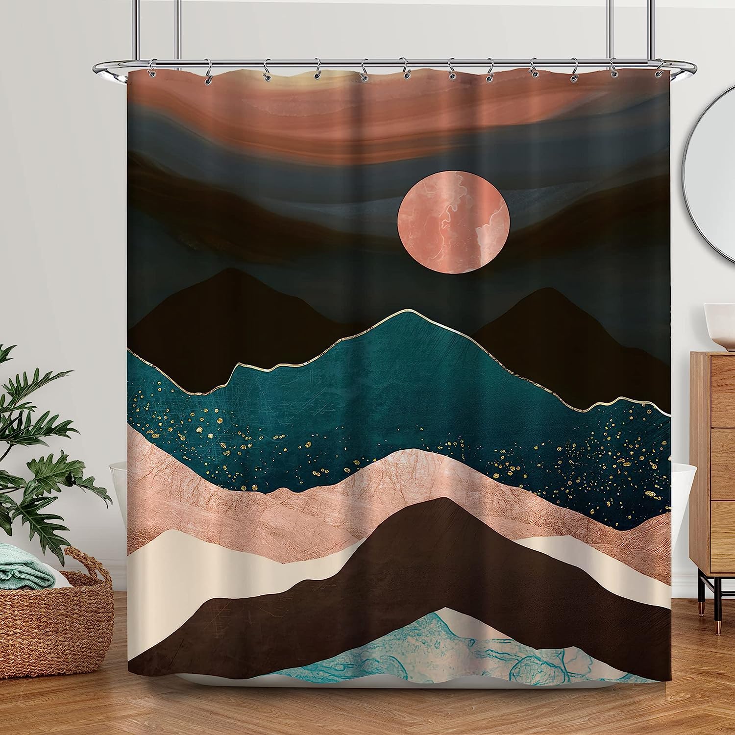 Mid Century Mountain Landscape Shower Curtain for Nature Lovers